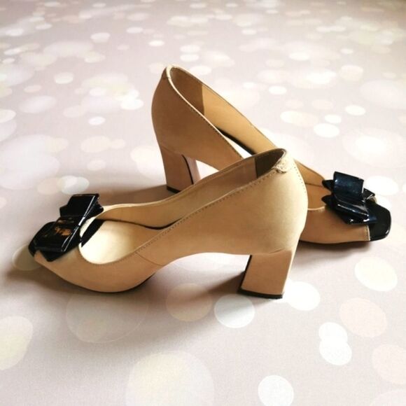 US 9 heel peep toe suede cream black - Picture 4 of 16